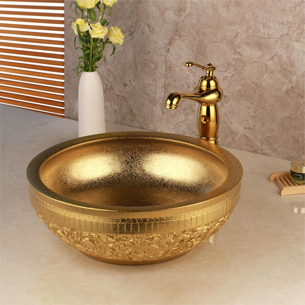 Gold Matte Bathroom Basin With Engravings  -  Gold Bathroom Basins