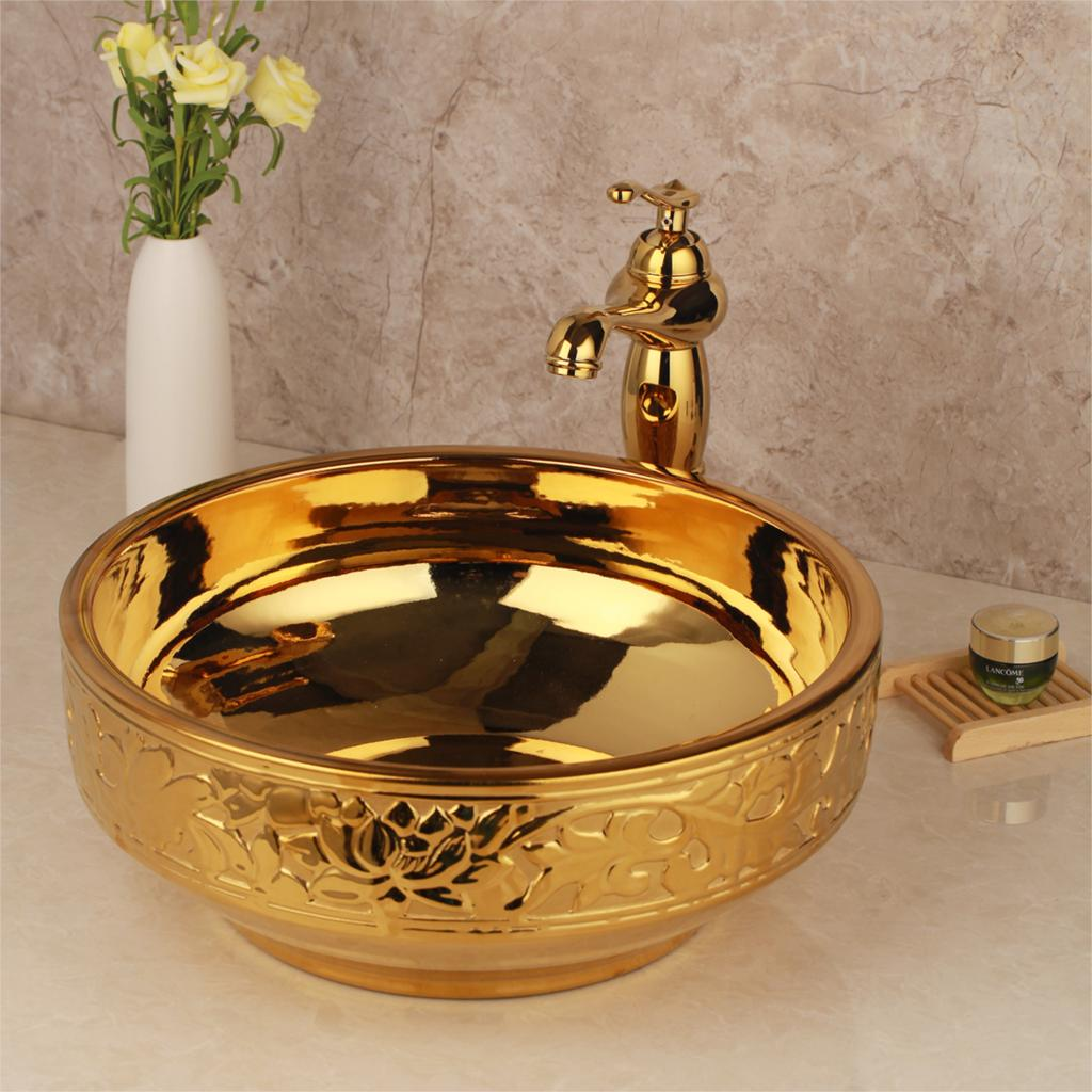 Gold High Polished Bathroom Basin With Engraved Leaves Gold Bathroom Basins