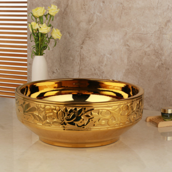 Gold High Polished Bathroom Basin With Engraved Leaves