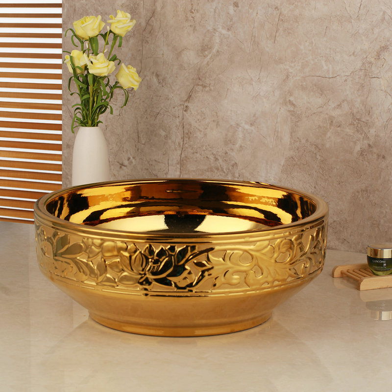 Gold High Polished Bathroom Basin With Engraved Leaves  -  Gold Bathroom Basins