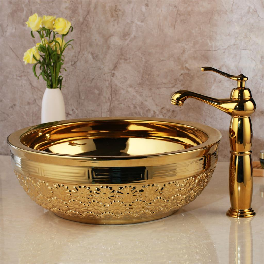 Gold High Polished Bathroom Basin With Flowers  -  Gold Bathroom Basins