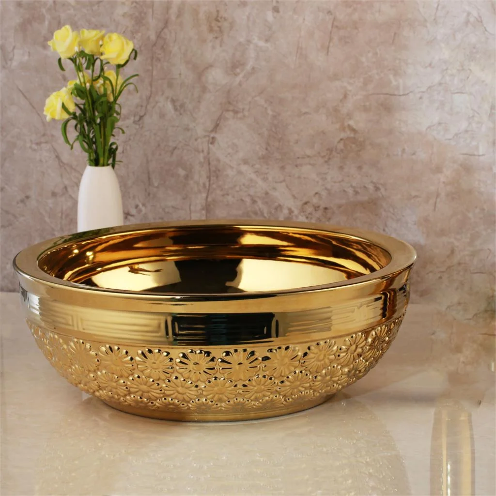 Gold High Polished Bathroom Basin With Flowers  -  Gold Bathroom Basins