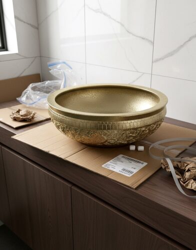 Gold Matte Bathroom Basin With Engravings photo review