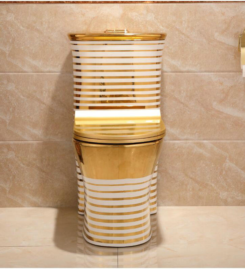 Gold Toilet With Horizontal White-Gold Patterns Gold Toilets