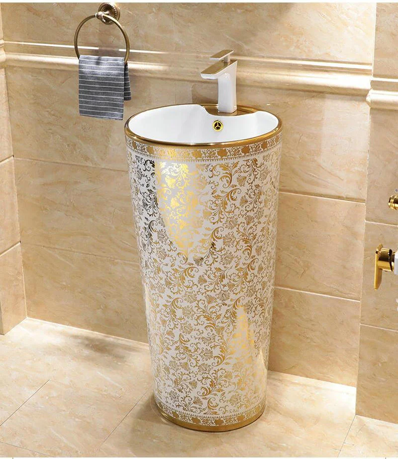 White And Gold Pedestal Basin  -  Gold Bathroom Basins