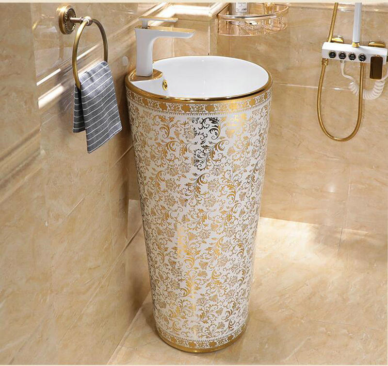 White and gold pedestal basin Gold Bathroom Basins