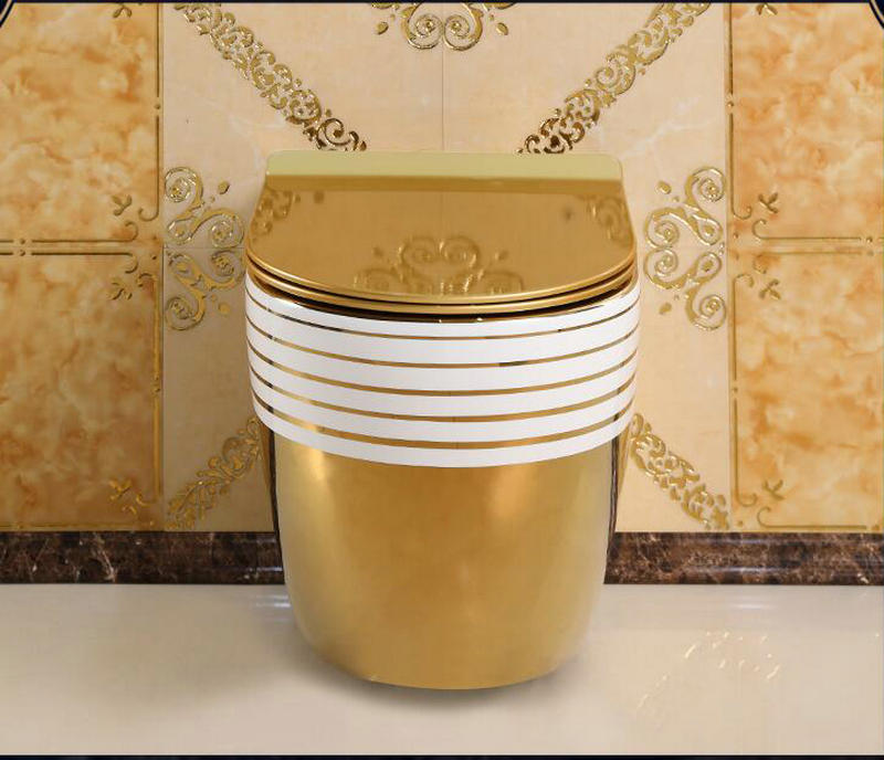 Wall Mounted Gold Toilet With Horizontal White Lines  -  Gold Toilets