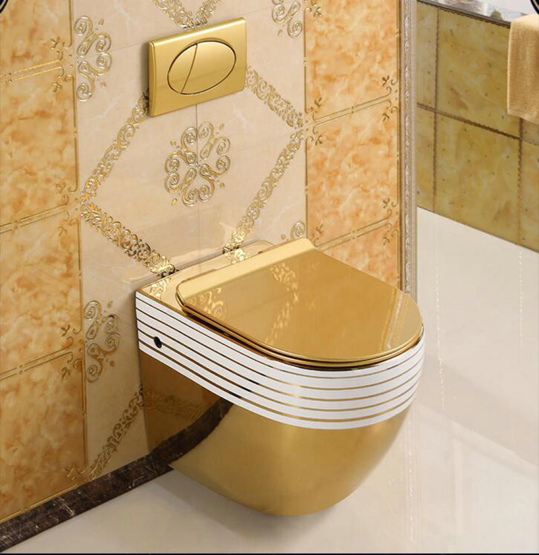Wall Mounted Gold Toilet With Horizontal White Lines Royal Toiletry Global