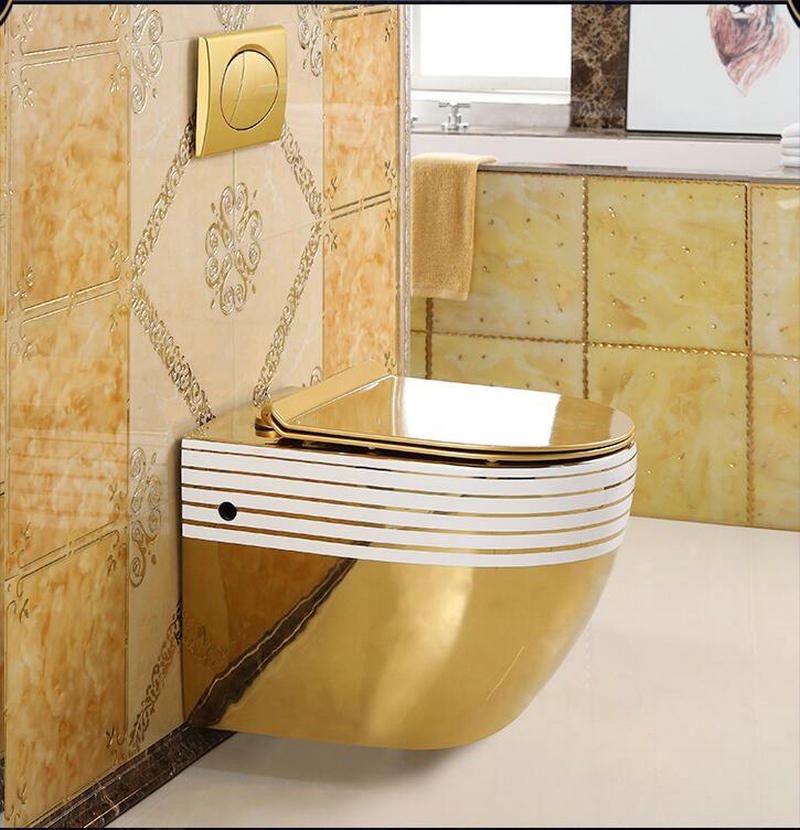 Wall Mounted Gold Toilet With Horizontal White Lines Gold Toilets