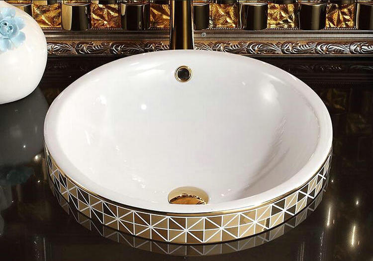 Gold Bathroom Basin With Diamond Pattern, Round  -  Gold Bathroom Basins