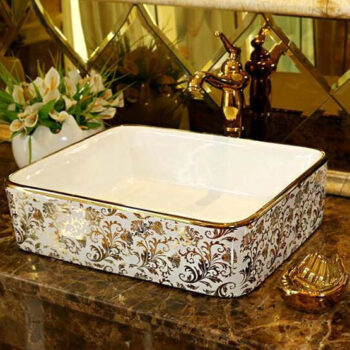 Luxury White & Gold Rectangular Bathroom Basin