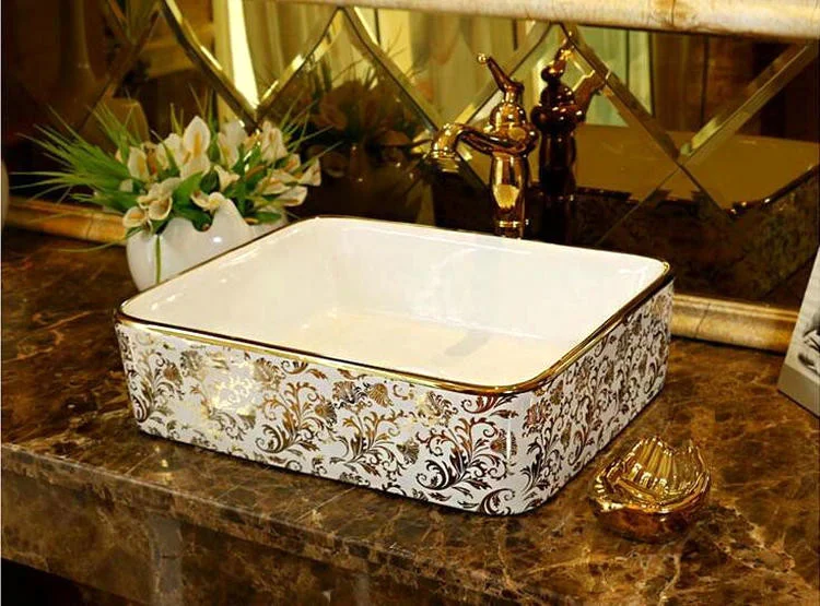 Luxury White & Gold Rectangular Bathroom Basin  -  Gold Bathroom Basins