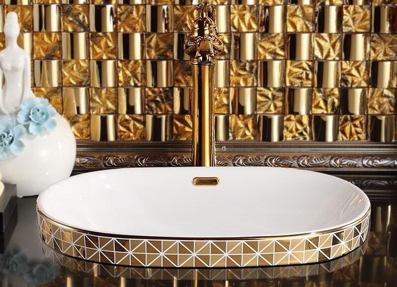 Gold Bathroom Basin With Diamond Pattern, Oval Gold Bathroom Basins