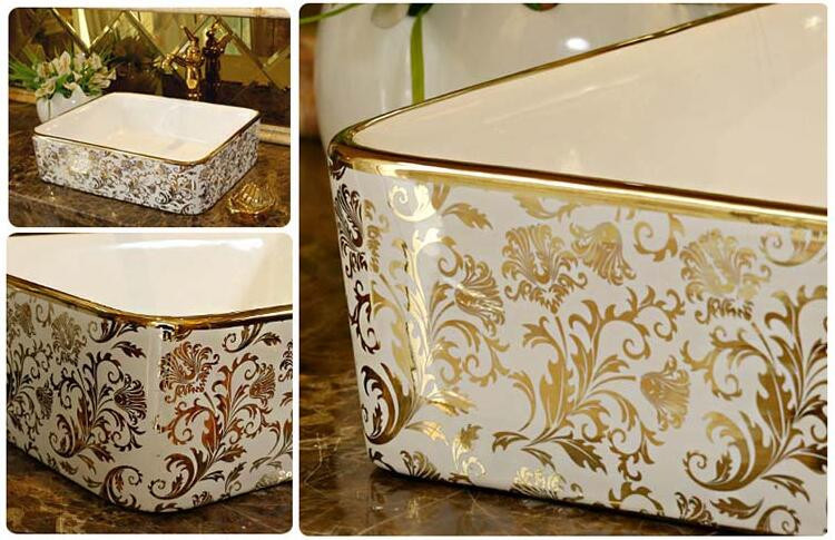 Luxury White & Gold Rectangular Bathroom Basin Gold Bathroom Basins