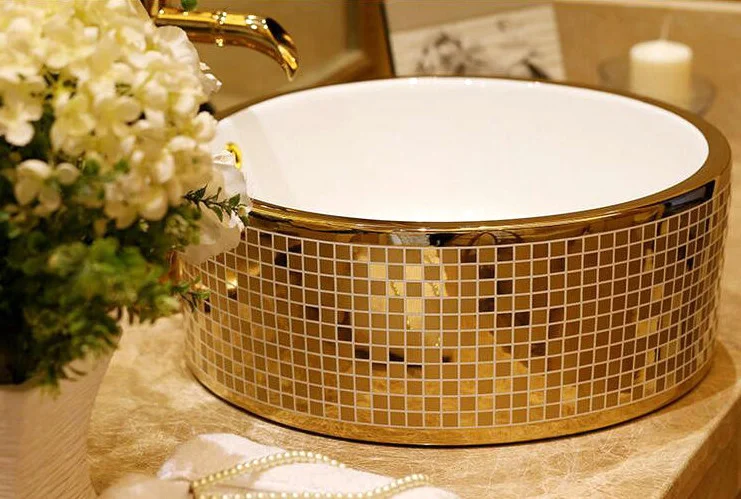 Round Mosaic Gold Bathroom Basin  -  Gold Bathroom Basins