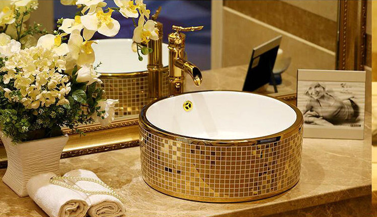 Round Mosaic Gold Bathroom Basin Gold Bathroom Basins