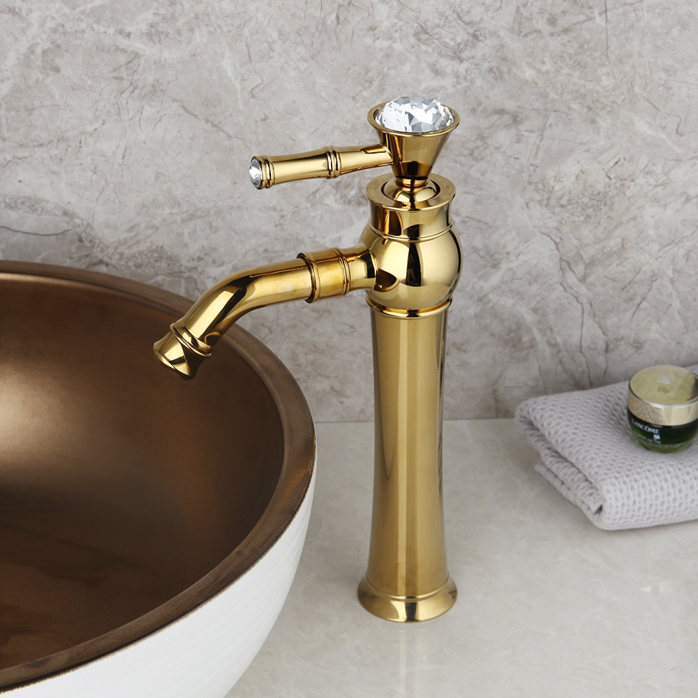 Gold Bathroom Basin Faucet With Diamond Handle (Tall) Gold Water Taps & Faucets