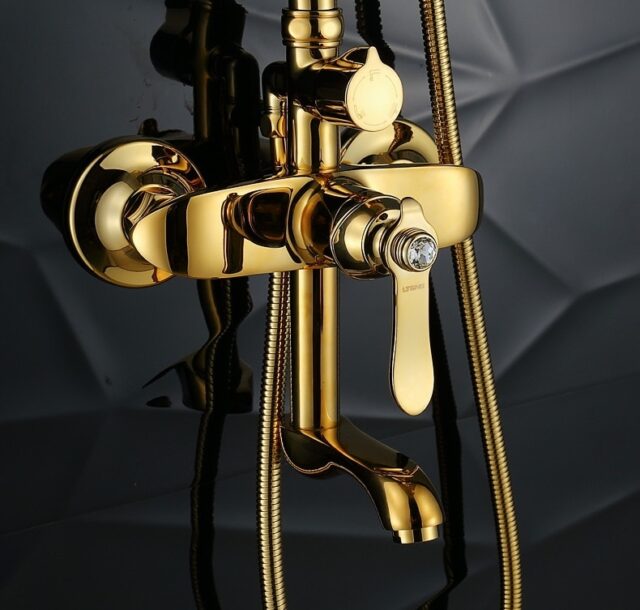 Gold Bathroom Shower Set With Diamond Handle Royal Toiletry Global   Gold Bathroom Shower Set With Diamond 11 640x610 