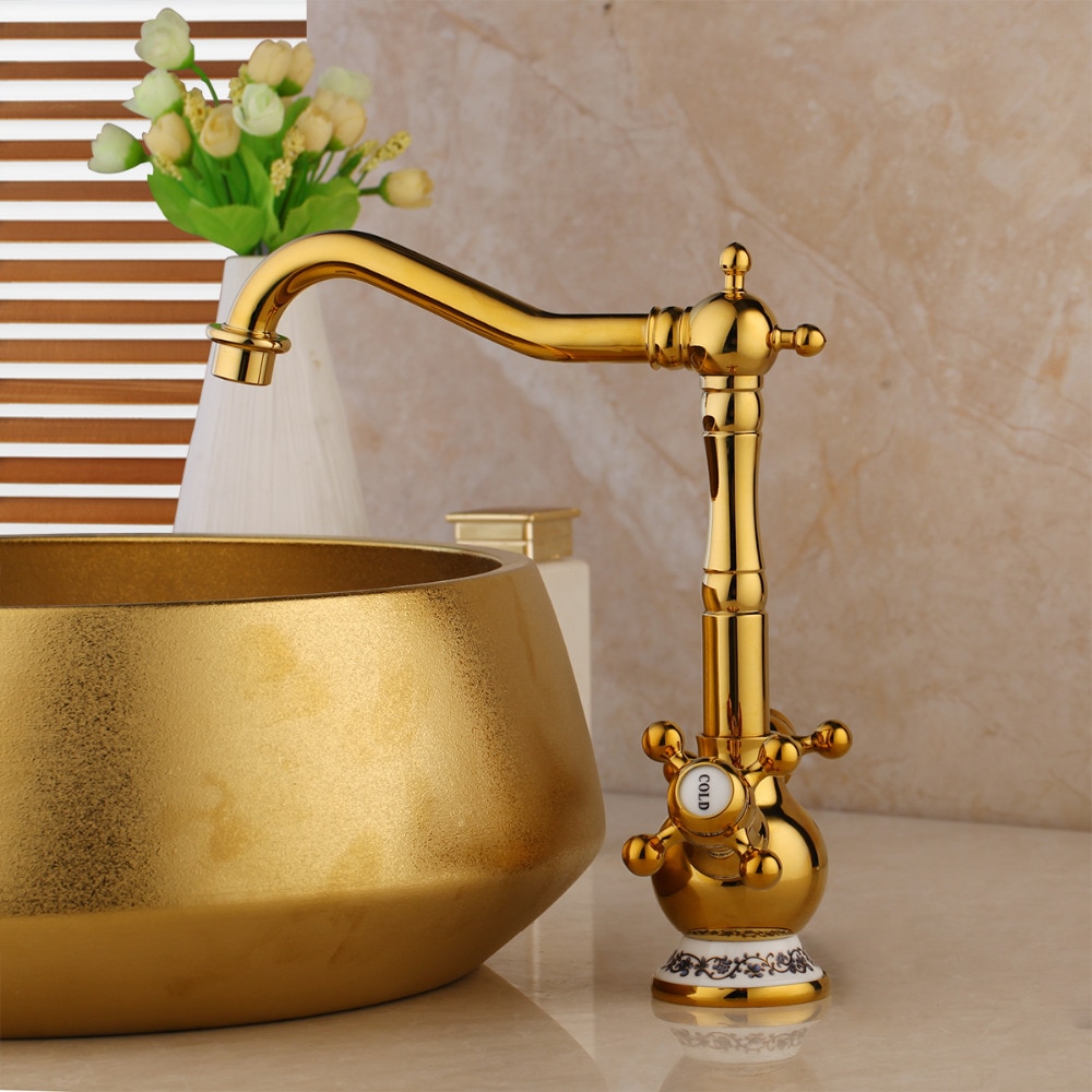 Vintage Gold Bathroom Dual Handle Faucet Gold Water Taps & Faucets