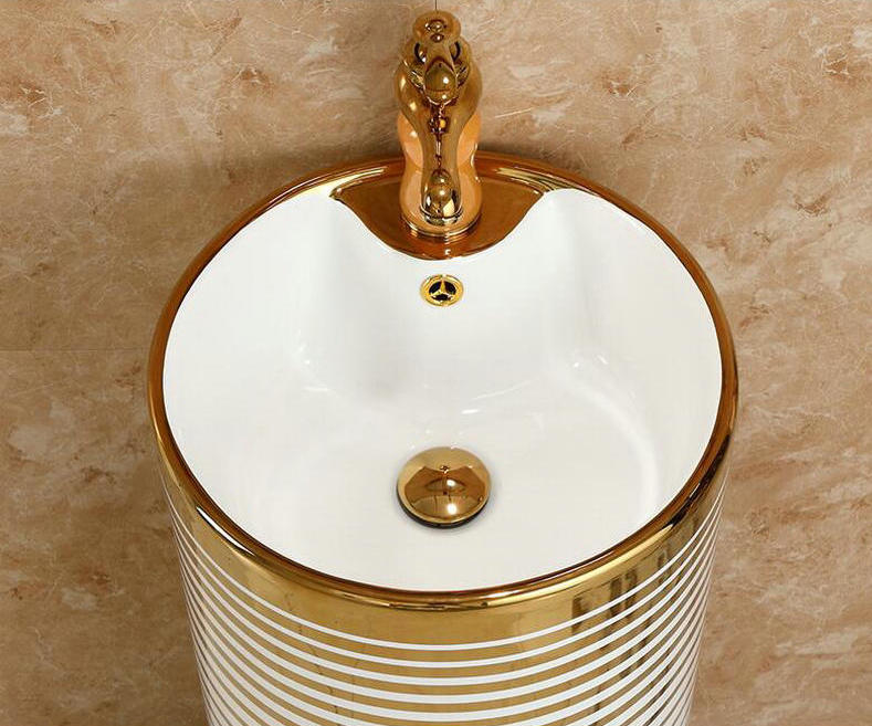 Pedestal Basin With Horizontal White-Gold Patterns Gold Bathroom Basins