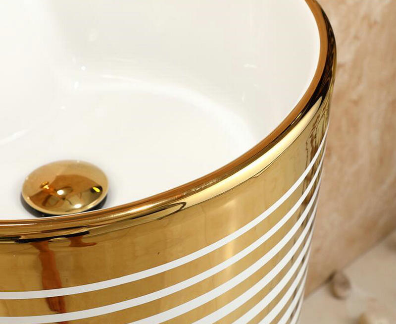 Pedestal Basin With Horizontal White-Gold Patterns  -  Gold Bathroom Basins