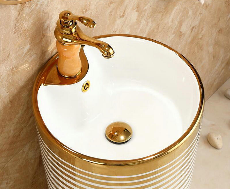 Pedestal Basin With Horizontal White-Gold Patterns Gold Bathroom Basins