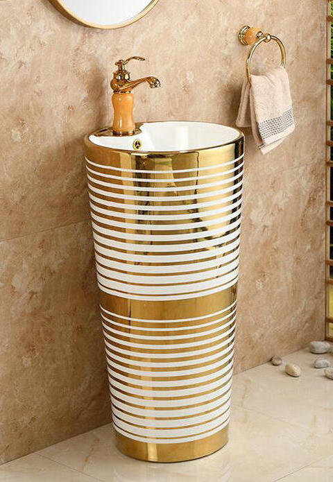 Pedestal Basin With Horizontal White-Gold Patterns  -  Gold Bathroom Basins