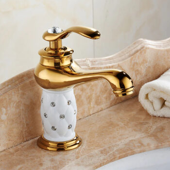 Gold & White Bathroom Basin Faucet With Diamonds