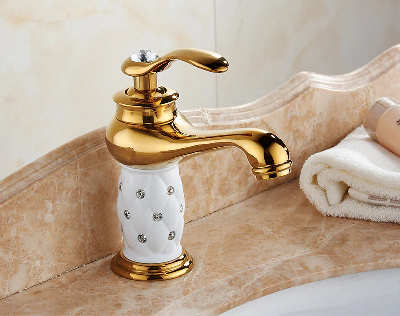 Gold & White Bathroom Basin Faucet With Diamonds Gold Water Taps & Faucets