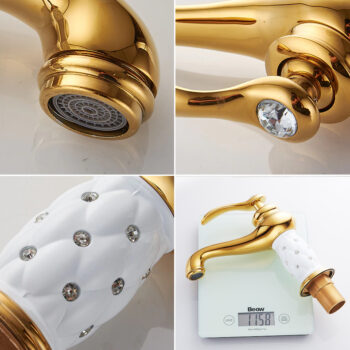 Gold & White Bathroom Basin Faucet With Diamonds