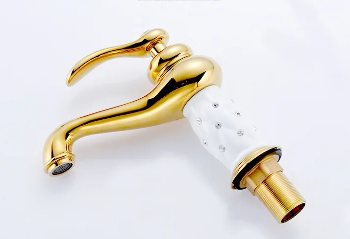 Gold & White Bathroom Basin Faucet With Diamonds  -  Gold Water Taps & Faucets