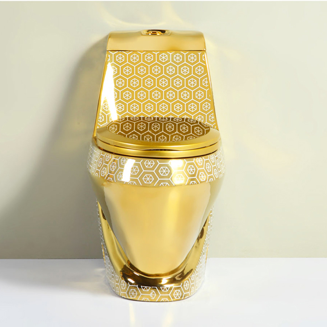 Compact Gold Toilet With White Hexagon Pattern Royal Toiletry Global