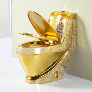 Compact Gold Toilet With White Hexagon Pattern that meets ADA criteria