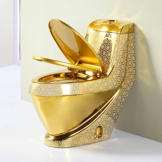 Compact Gold Toilet With White Hexagon Pattern Royal Toiletry Global