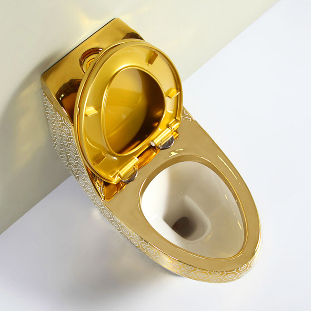 Compact Gold Toilet With White Hexagon Pattern Royal Toiletry Global
