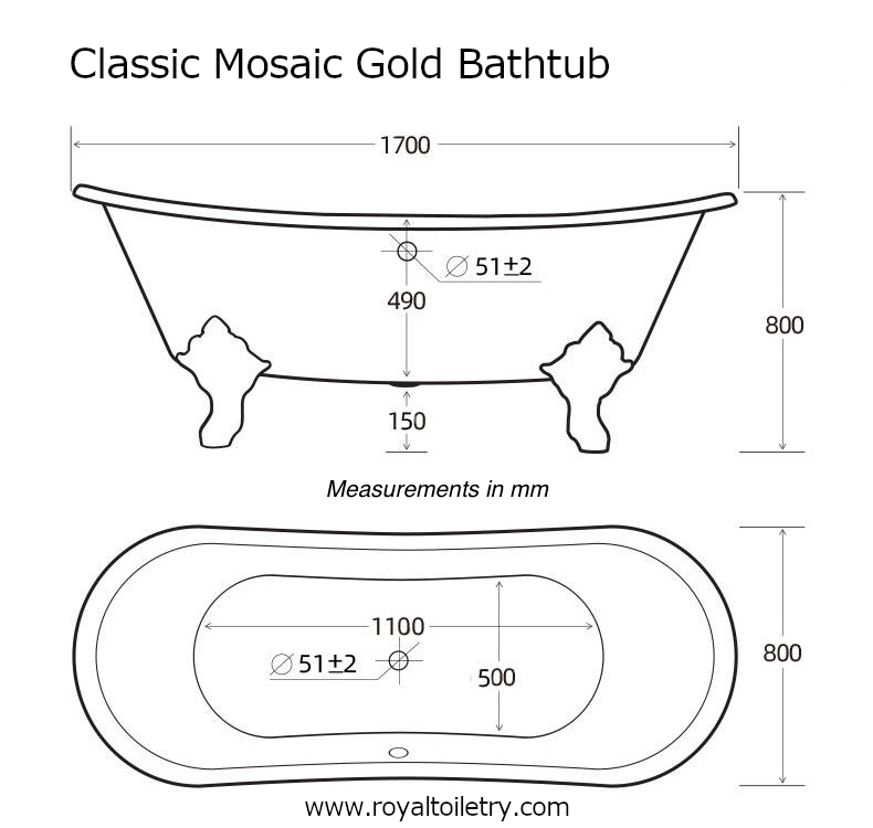 Classic Mosaic Gold Bathtub measurements in mm