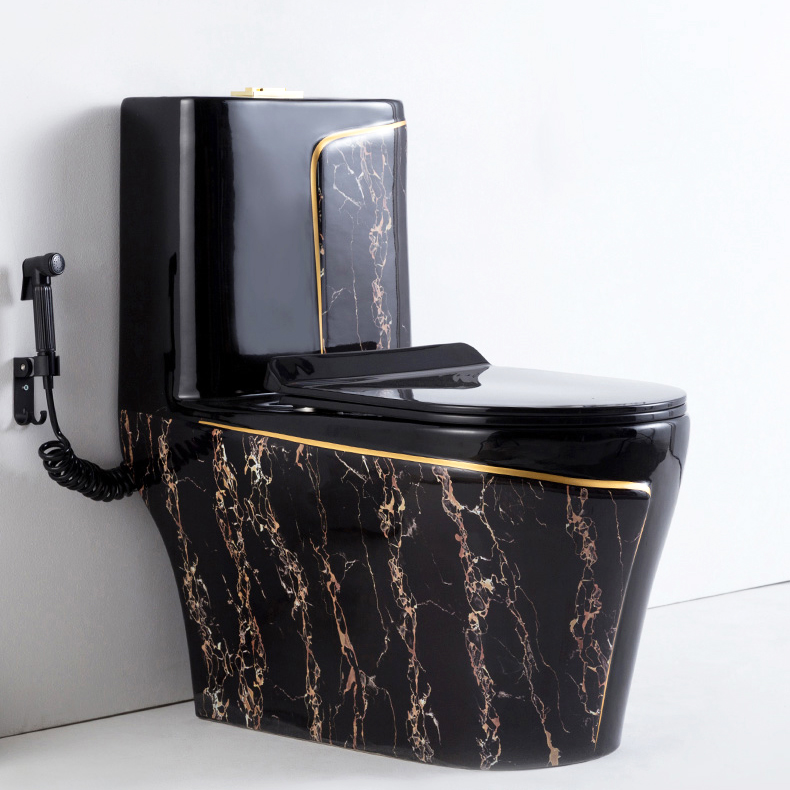 Luxury Black Toilet With An Elegant Gold Stripe And Marble Effect Gold Toilets