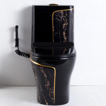 Luxury Black Toilet With An Elegant Gold Stripe And Marble Effect