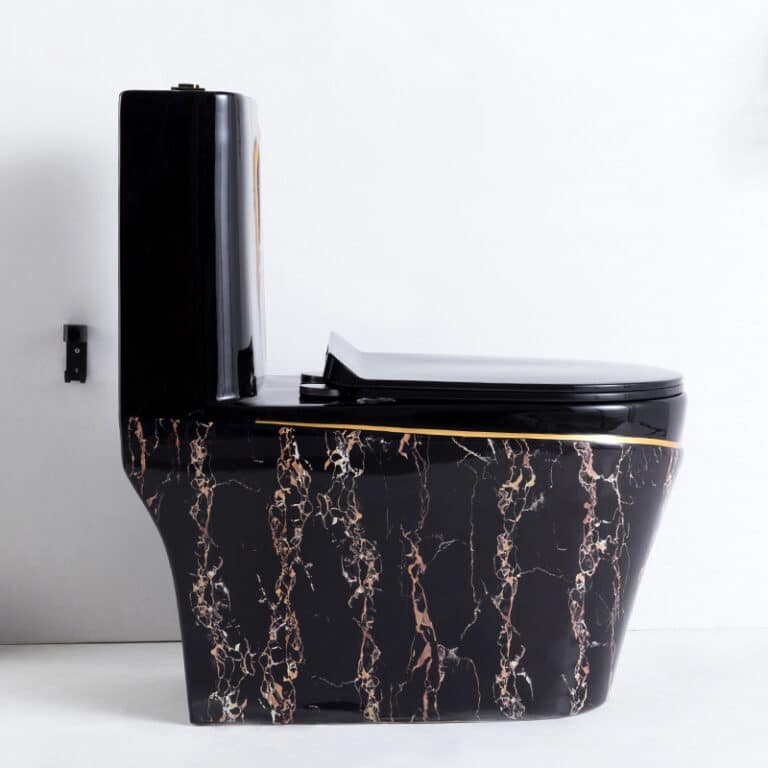 Luxury Black Toilet With An Elegant Gold Stripe And Marble Effect