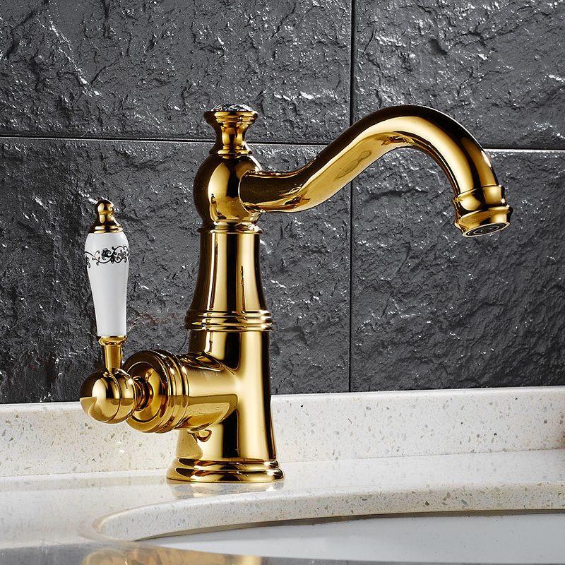 Vintage Gold Bathroom Single Handle Faucet With Diamond  -  Gold Water Taps & Faucets