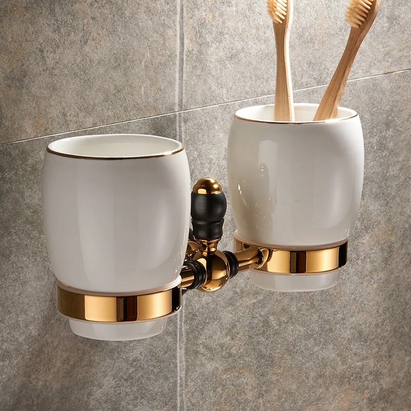 Retro Black And Gold Double Cup-Toothbrush Holder Gold Bathroom Accessories