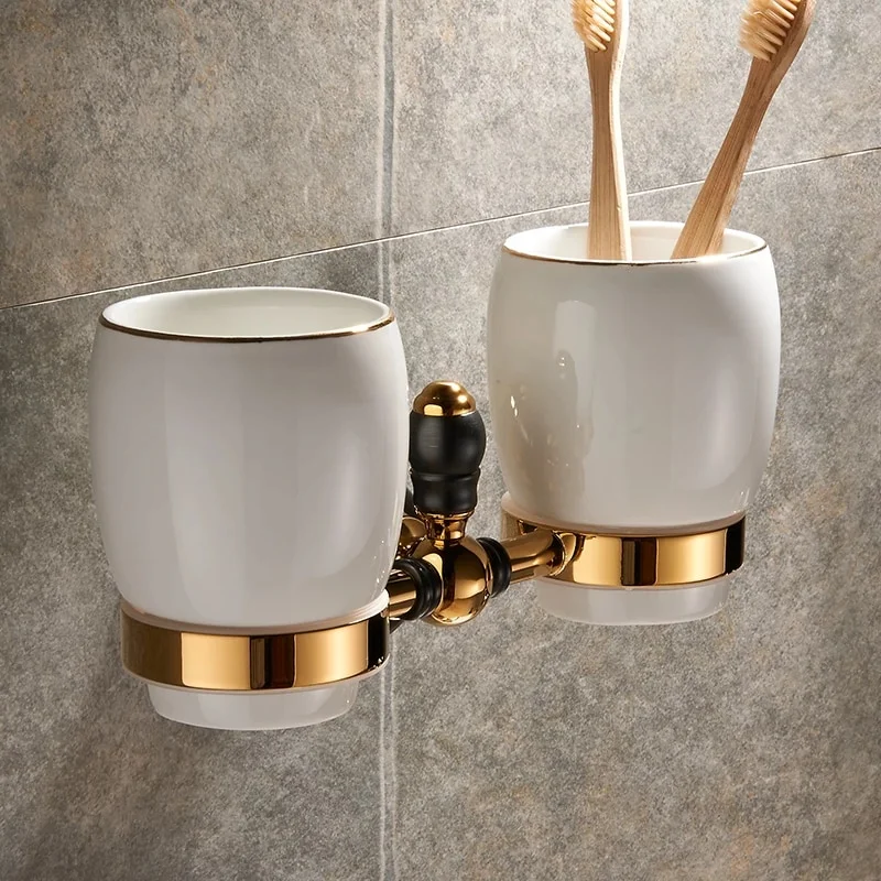Retro Black And Gold Double Cup-Toothbrush Holder  -  Gold Bathroom Accessories