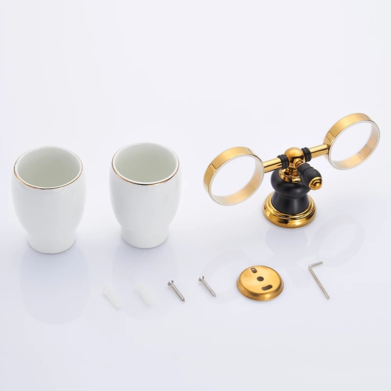 Retro Black And Gold Double Cup-Toothbrush Holder Gold Bathroom Accessories