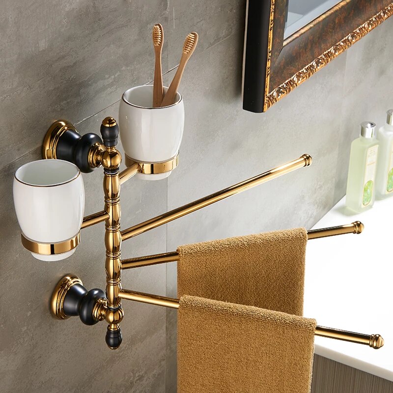 Retro Black And Gold Double Cup-Toothbrush Holder & Towel Holder Gold Bathroom Accessories