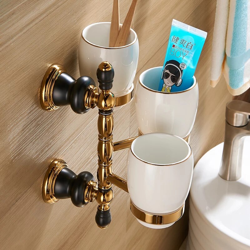 Retro Black And Gold Triple Cup-Toothbrush Holder  -  Gold Bathroom Accessories