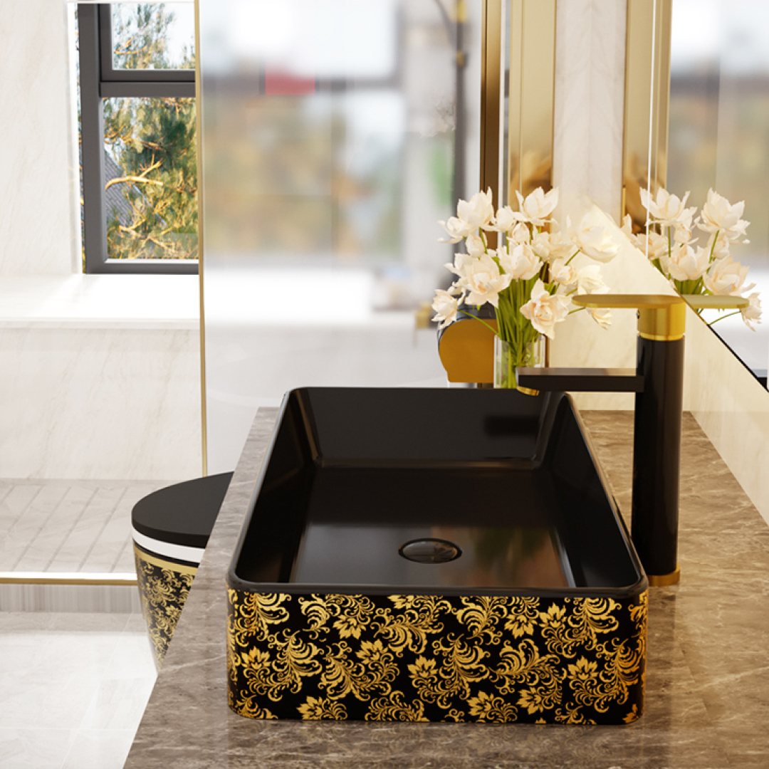 Luxury Black And Gold Rectangular Bathroom Basin - Royal Toiletry Global