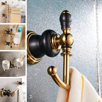 The Vault Files' Home Tour  Black bathroom decor, Gold bathroom decor,  Black and gold bathroom