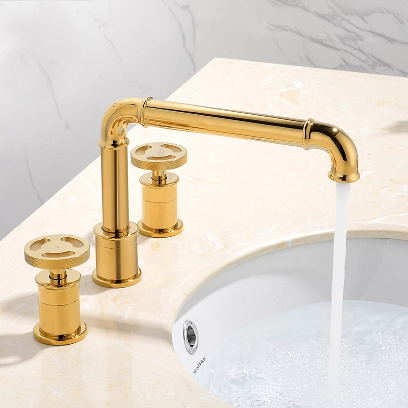 Retro Industrial Dual Handle Gold Bathroom Faucet Gold Water Taps & Faucets