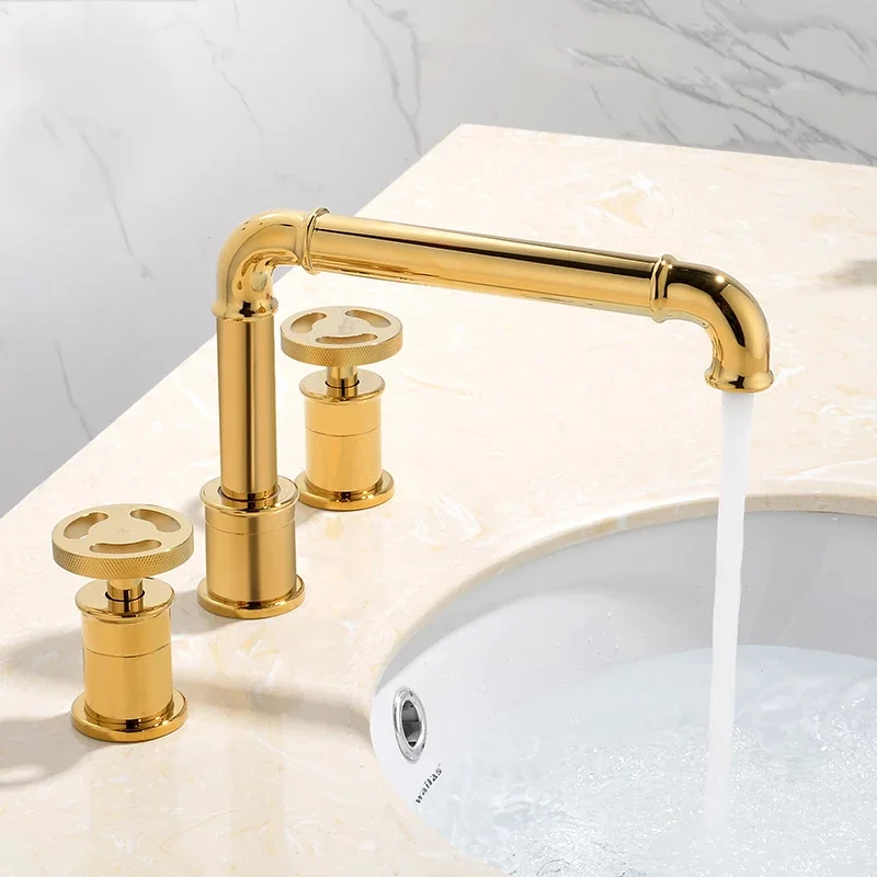 Retro Industrial Dual Handle Gold Bathroom Faucet  -  Gold Water Taps & Faucets
