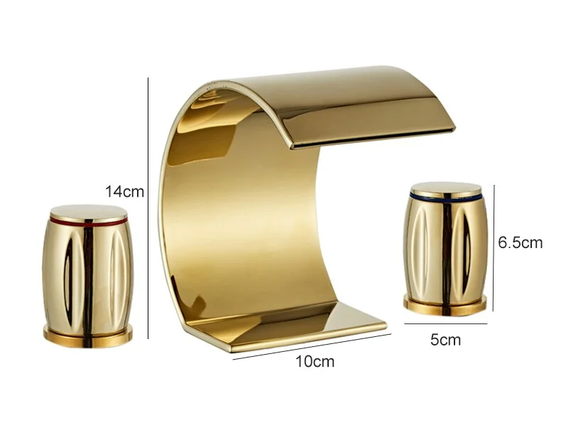 Slim Dual Handle Gold Waterfall Bathroom Faucet  -  Gold Water Taps & Faucets